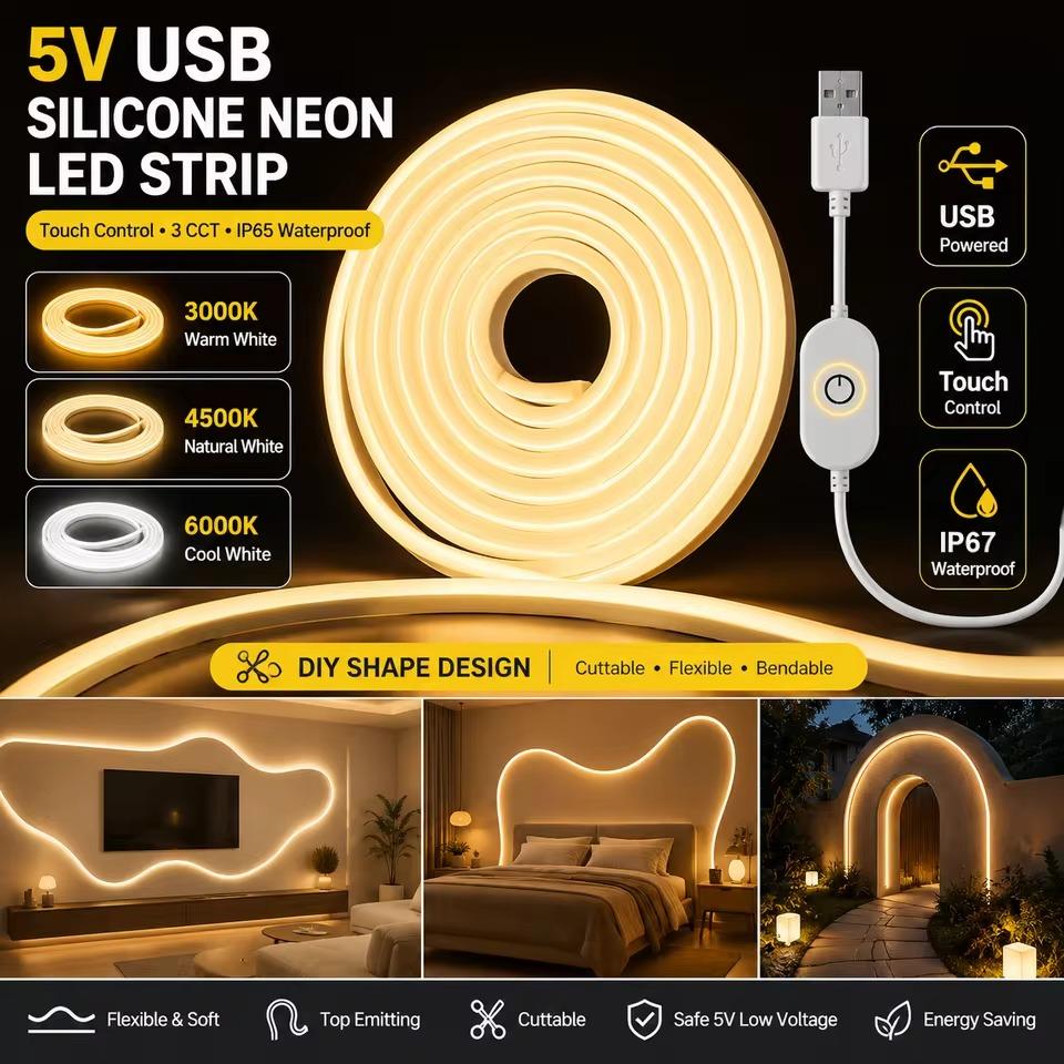 Lighting Bolt Decor - シリコーン USB LED ストリップライト柔軟な曲げ可能な 3 色温度タッチ調光可能な明るさデスク寝室の装飾ナイトランプ