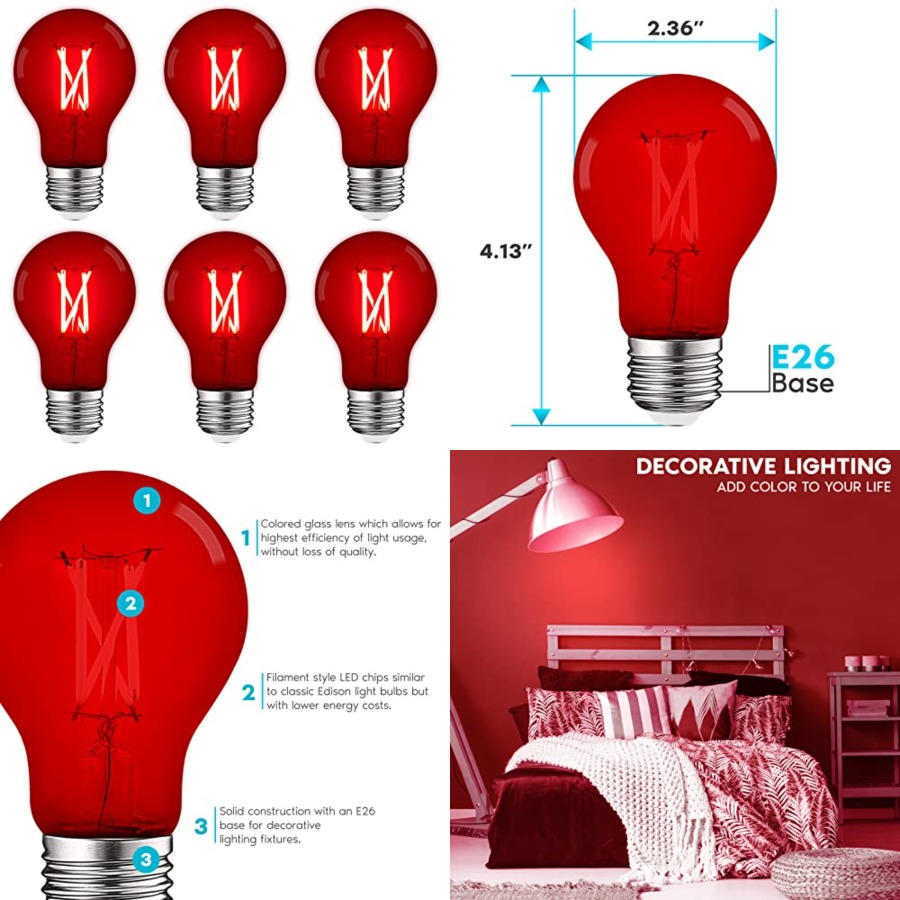 Lighting Decor Outdoor - A19 エジソンLED電球、4.5W 60W相当、カラーガラスフィラメント、UL規格適合、E26標準口金、屋内屋外兼用、ポーチ、装飾用