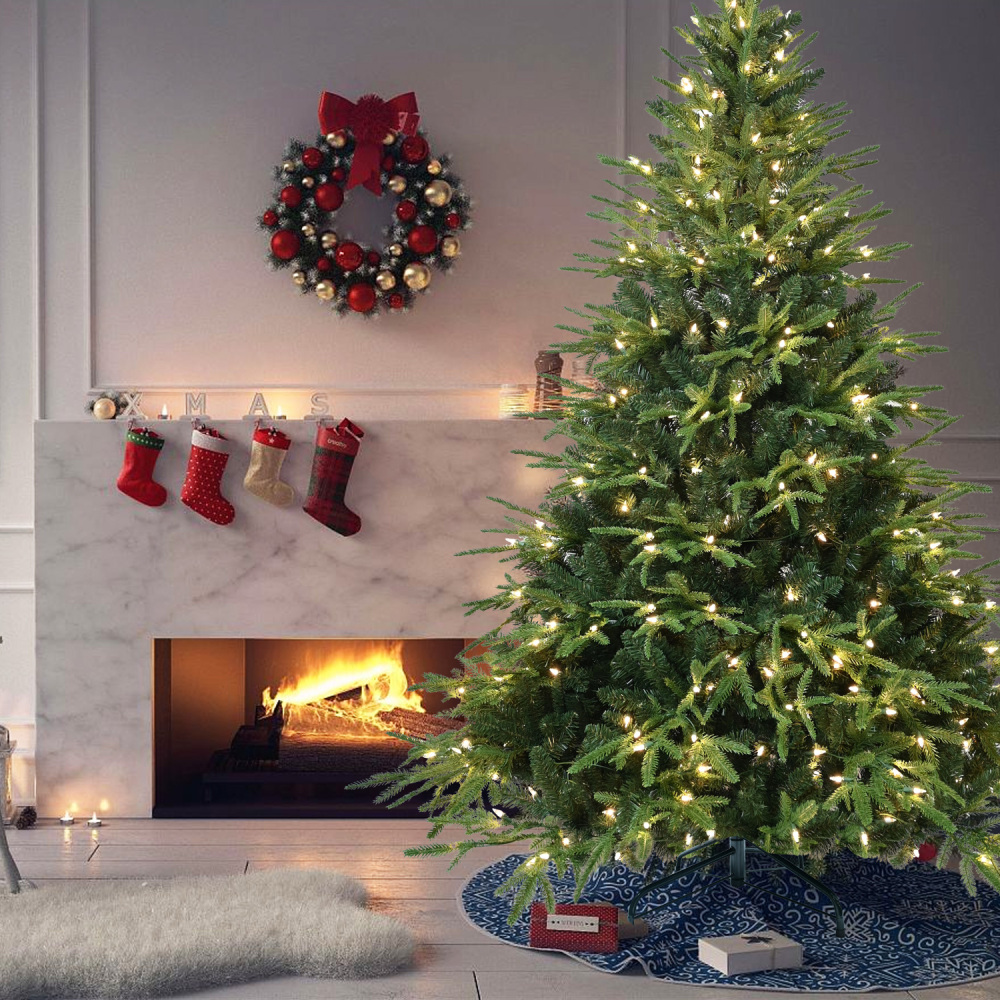 Lighting Decoration Stand - 6.5フィートの電飾付き人工クリスマスツリー、450個の温白色白熱灯、2225個のチップ、PE+PVC製のヒンジ付きパイン、部分的にメモリワイヤーを使用した枝、折りたたみ式の金属製スタンド、ホリデーデコレーション用
