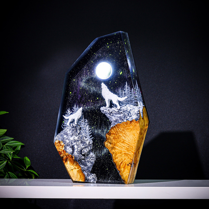 Lighting Decor Wedding - 自然動物フィギュア生物樹脂製テーブルライトクリエイティブアートデコレーション雪の夜オオカミの鳴き声ナイトライトUSB充電式