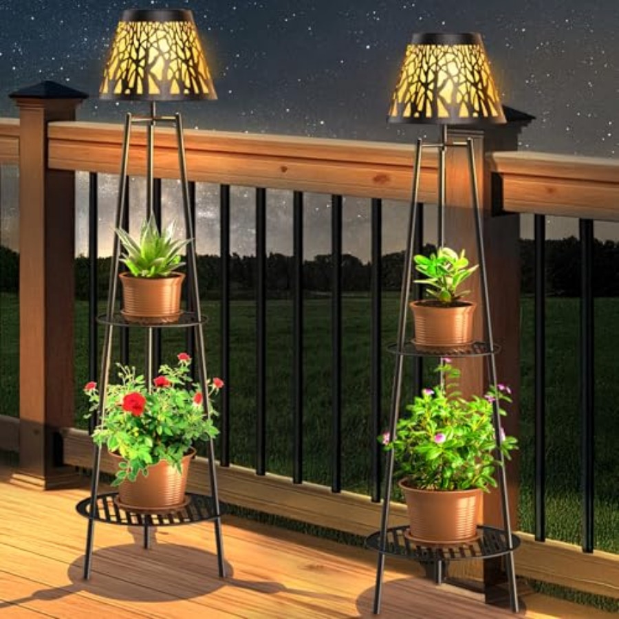 Lighting Decor Outdoor - 2パック屋外ソーラーフロアランプ、植物スタンド付き、防水メタルガーデンライト、2段棚付き、装飾LEDコードレスパット