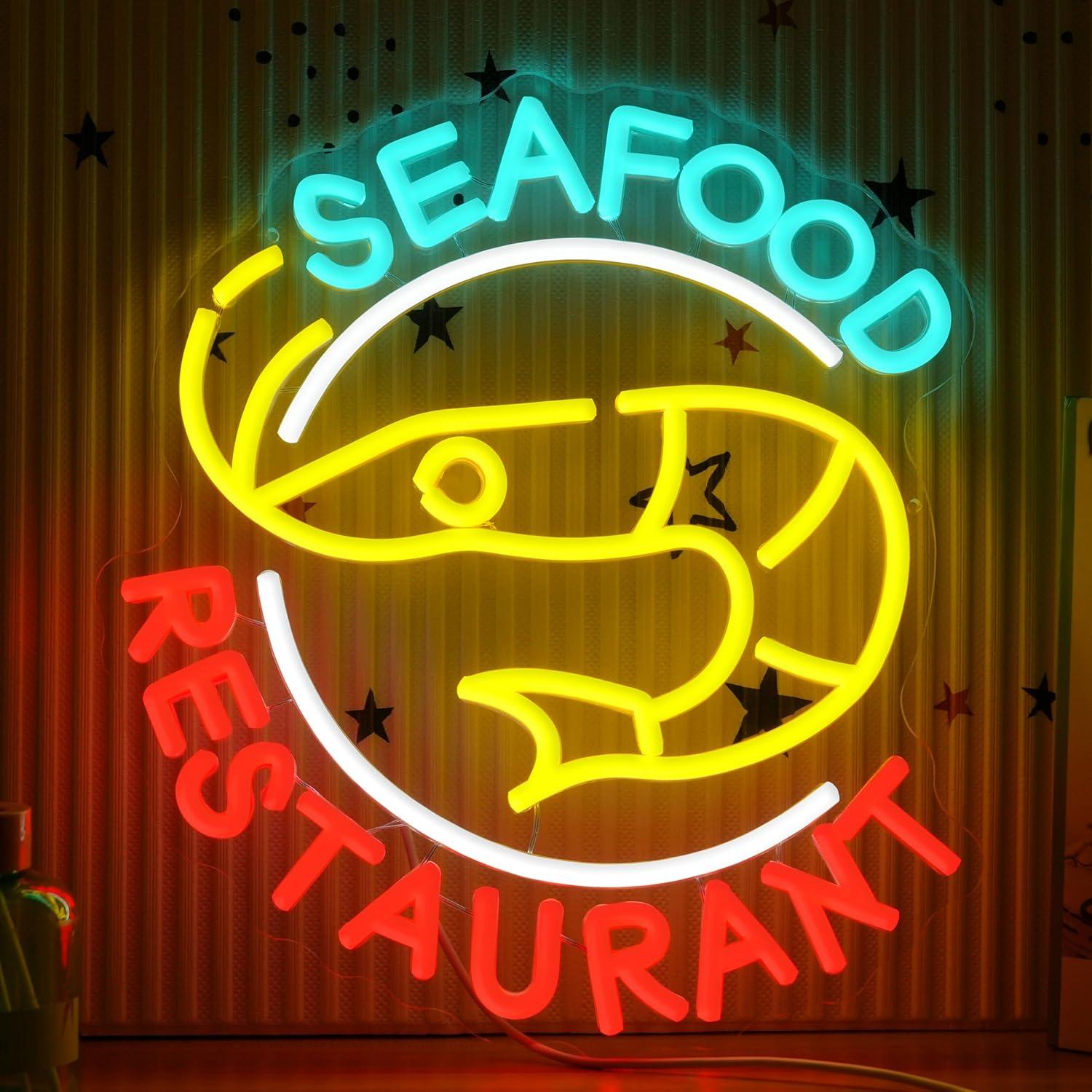Restaurant Lighting Decoration - シーフードレストランネオンサイン調光可能なLEDライトキッチンカフェショップビジネスフロントウィンドウ美的壁装飾ネオン看板