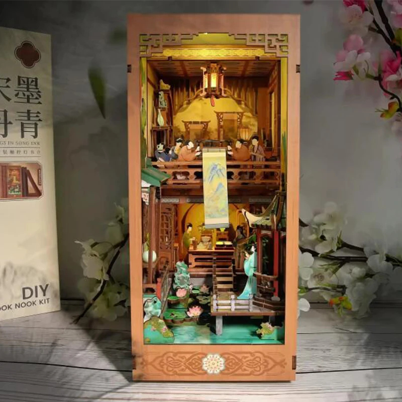 Lighting Decor House - OUZEY 木製ブックヌック棚インサート DIY 宋王朝ブックエンドミニチュアモデルキット ライト付き 本棚装飾用