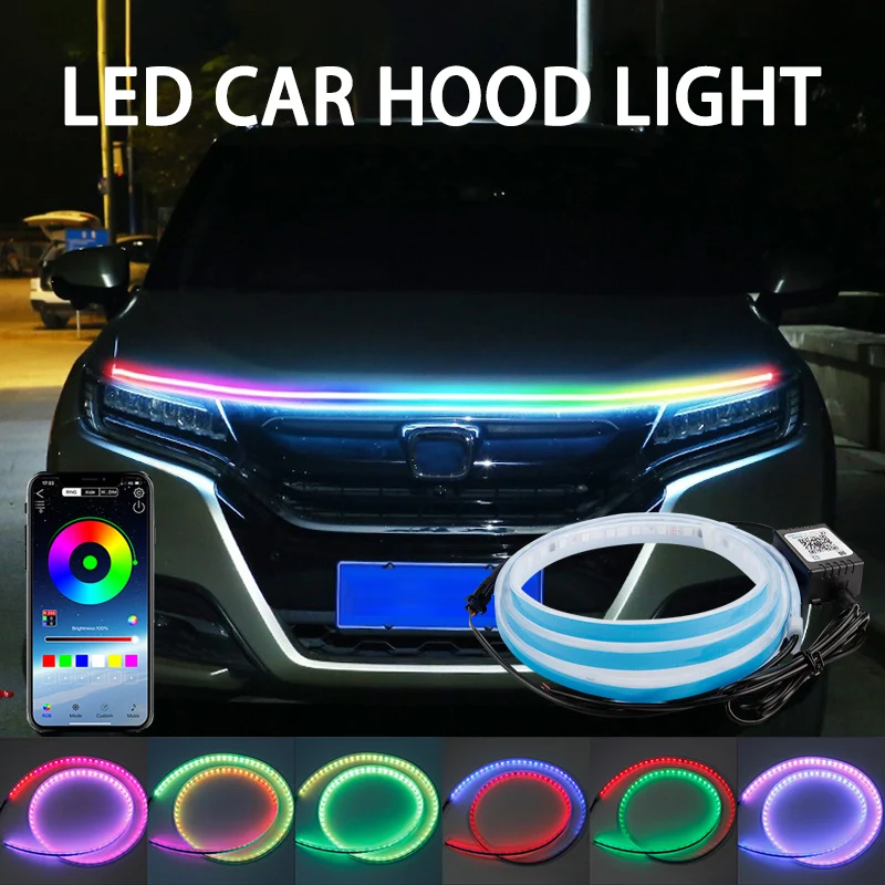 Lighting Bolt Decor - 120/150/180cm車用ボンネット装飾ライトAPPリモコンRGB LEDカラフルカーヘッドライトストリップ12v UTV ATV DRL汎用