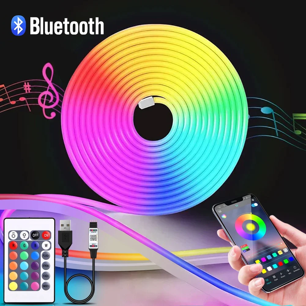 Lighting Decor Ideas - 1-5m RGB LEDネオンストリップライト 5V USBフレキシブルロープライト アプリリモコン