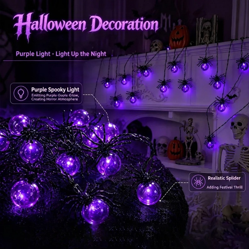 電池式スパイダーLEDストリングライト、ハロウィン屋外装飾、 - Lighting Decor Outdoor のレビューと価格
