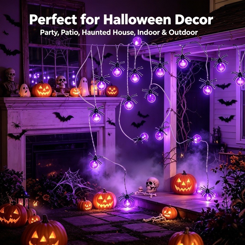 電池式スパイダーLEDストリングライト、ハロウィン屋外装飾、 - Lighting Decor Outdoor のレビューと価格