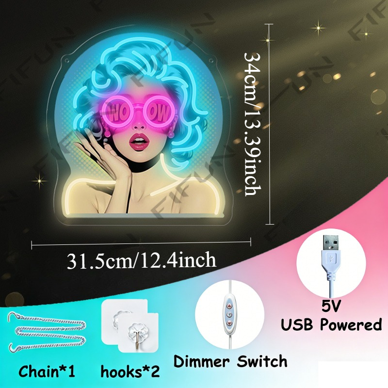 WOWカールガールネオンサインUVプリントウォールアート、U - Lighting Decor Wow のレビューと価格