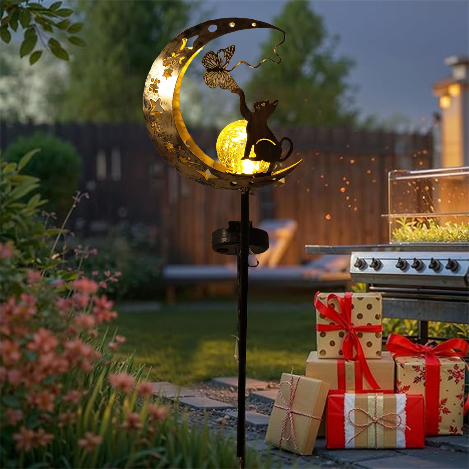 1 PC 猫ムーンソーラーライト鉄装飾要素屋外庭照明経路装飾 - Elements Lighting Decor のレビューと価格